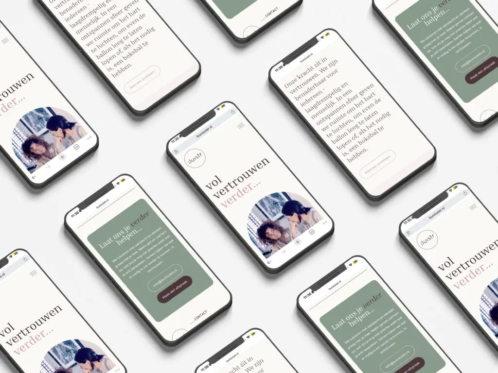 Meerdere smartphones verspreid met de website van Buro Luistr weergegeven.