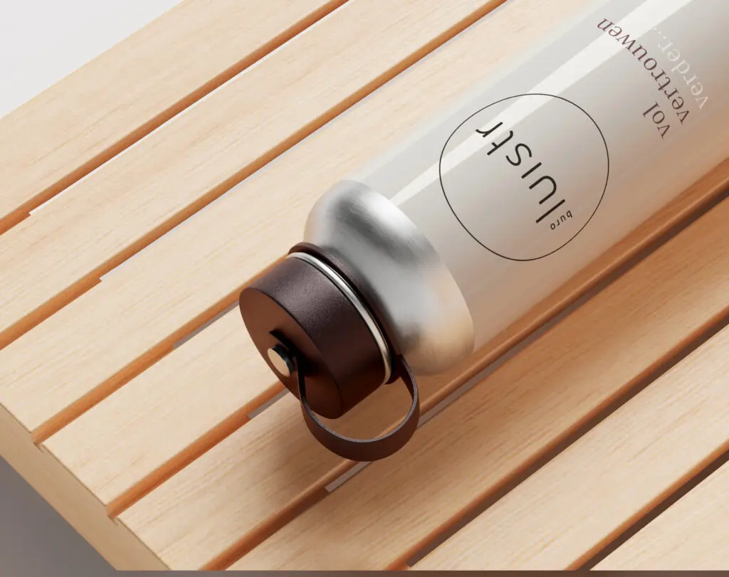 Metalen waterfles met logo “buro luistr” liggend op houten ondergrond.
