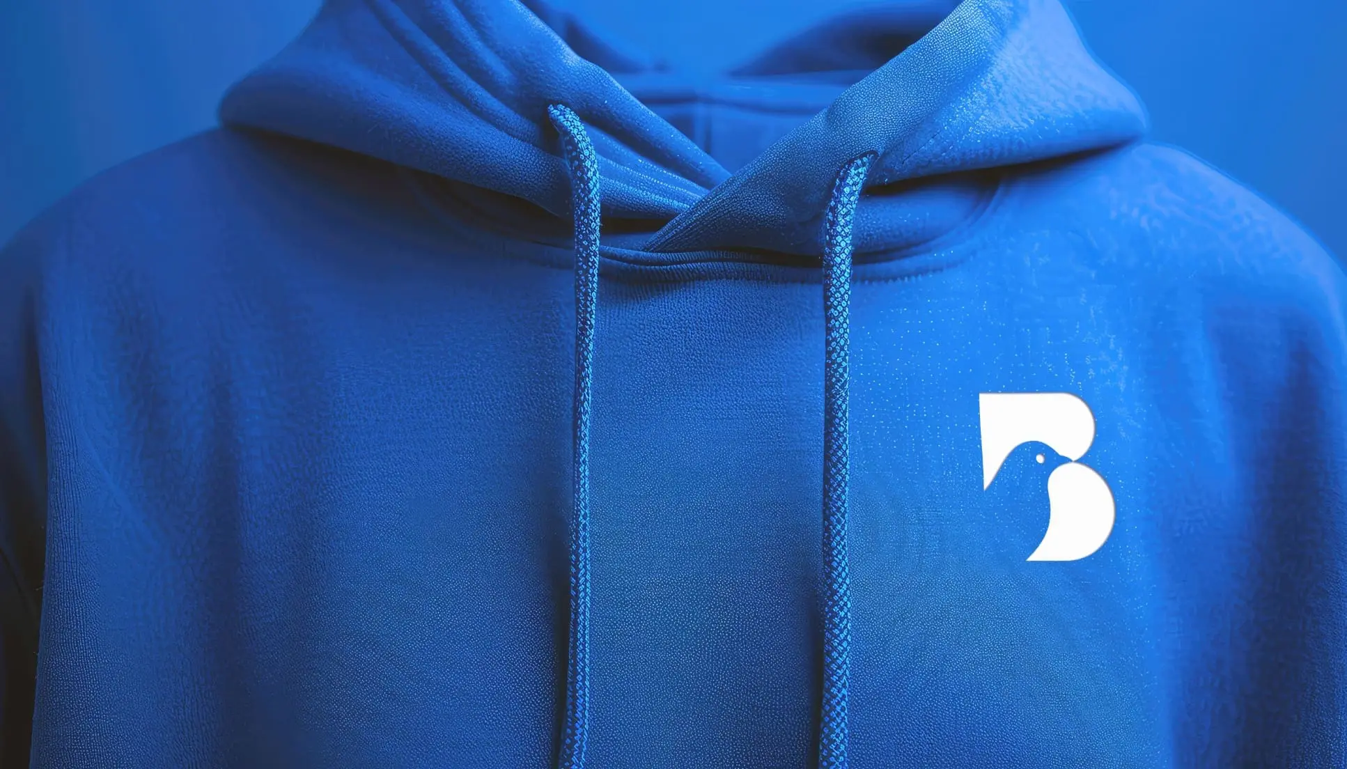 Persoon draagt een blauwe Bluebird hoodie met wit logo op de borst.