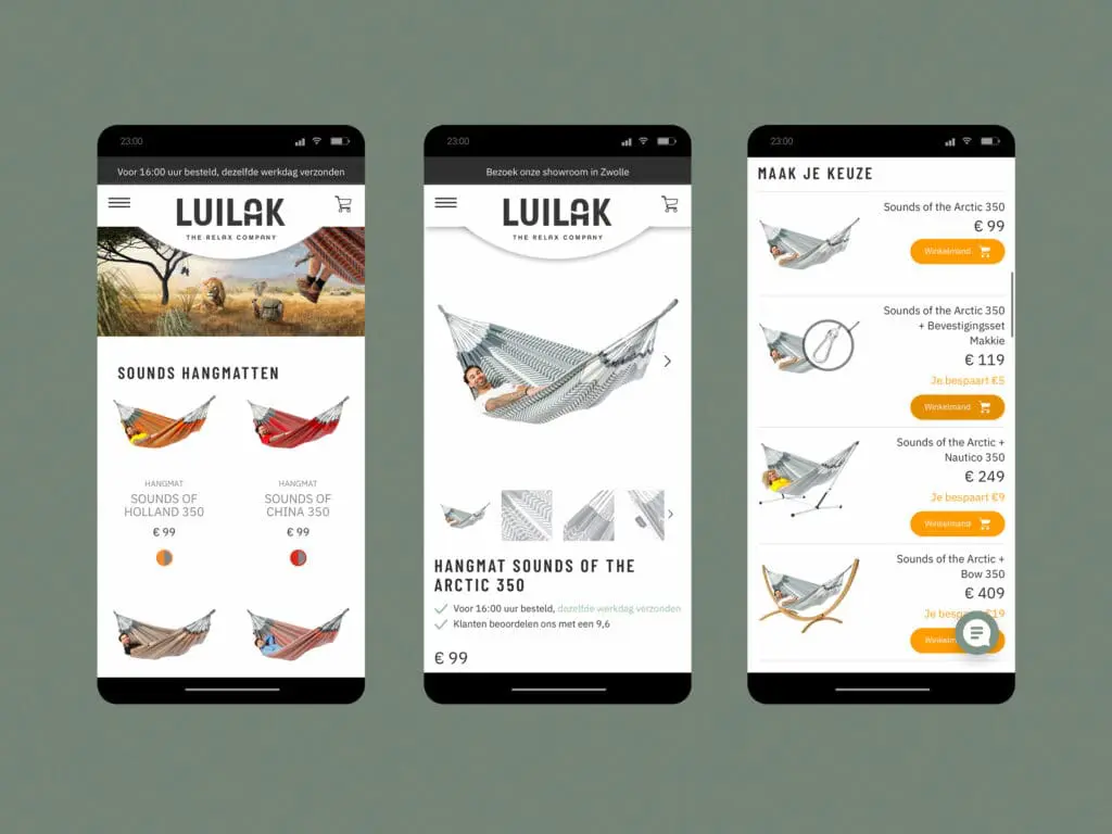 Drie smartphones tonen de Luikat webshop met verschillende hangmatten en productinformatie.