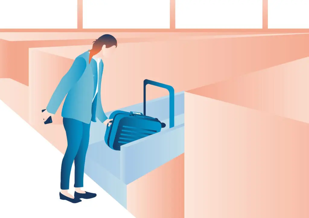 Illustratie van reiziger die een koffer op een bagageband plaatst.