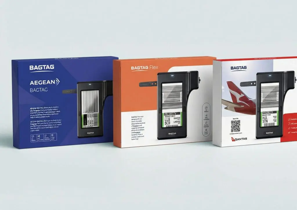 Verpakking van BAGTAG met digitaal bagagelabel voor koffers.
