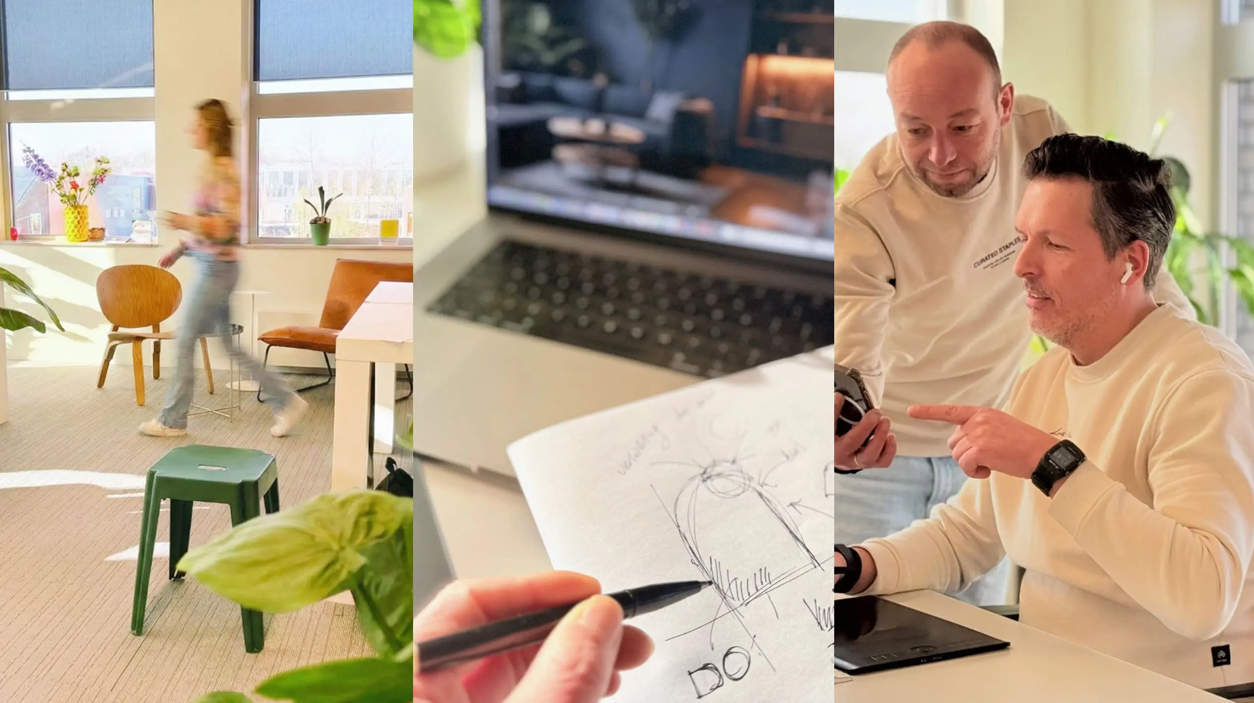 Drie afbeeldingen van Loeks met kantoorruimte, ontwerpschets op bureau en teamoverleg.