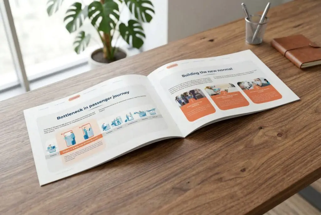 Opengeklapt magazine met infographics over de passagiersreis en luchthavenprocessen.