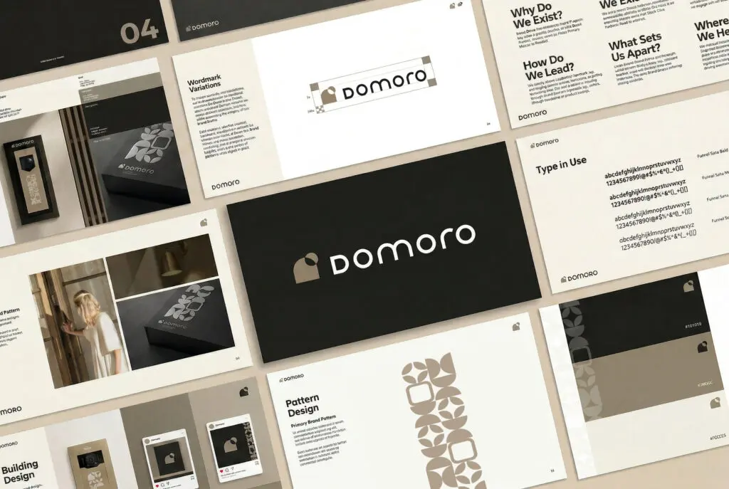 Overzicht van Domoro branding met logo, typografie, patronen en designrichtlijnen in neutrale beige en zwarte tinten