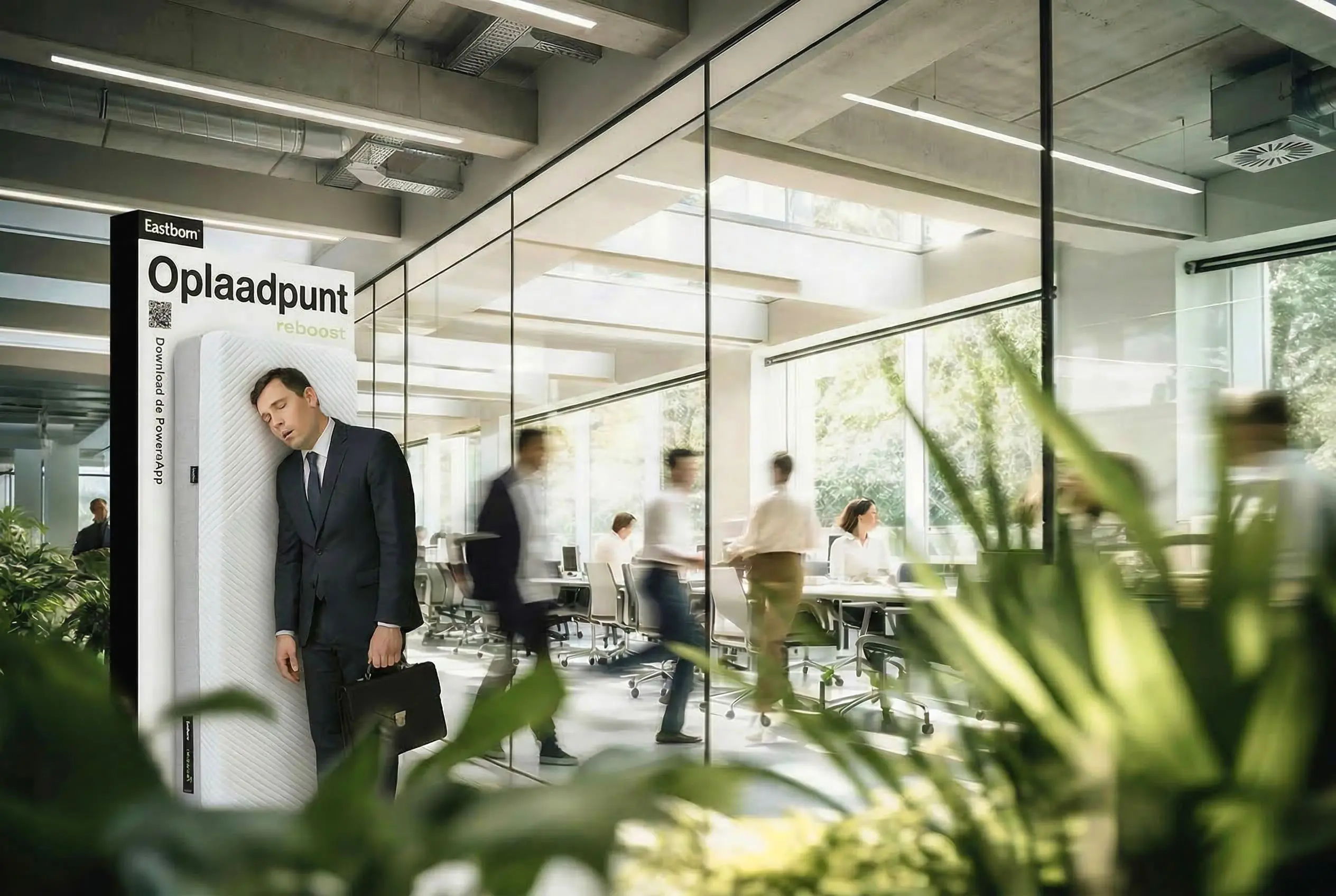 Man staat tegen een Eastborn matras bij een oplaadpunt om even op te laden tijdens het werk.