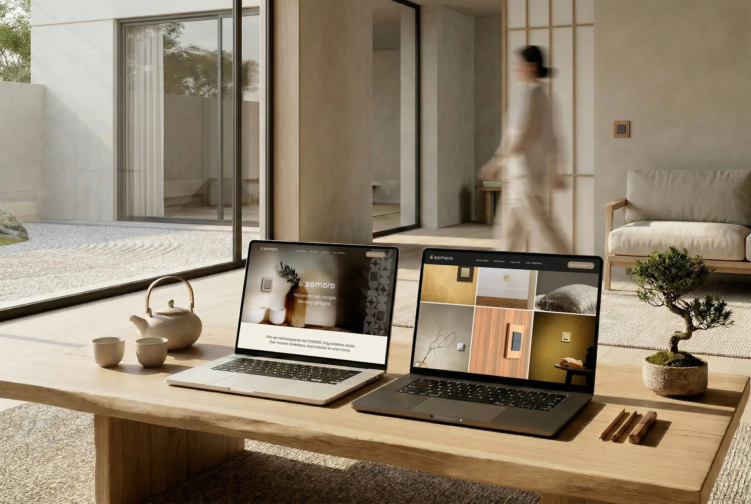 Twee laptops met Domoro website op houten tafel in rustige, minimalistische woonkamer.