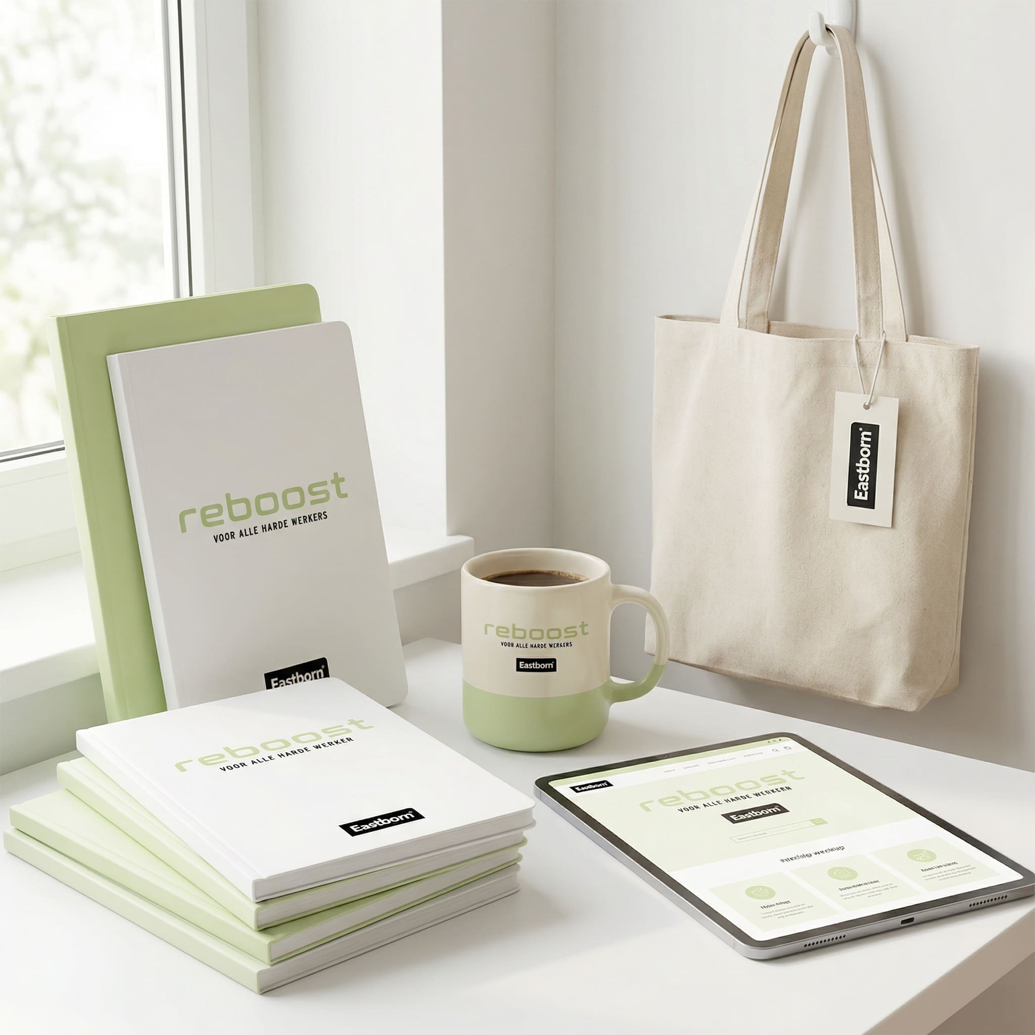 Bureau met notitieboeken, tablet, mok en tote bag met Reboost logo in rustige werkomgeving.