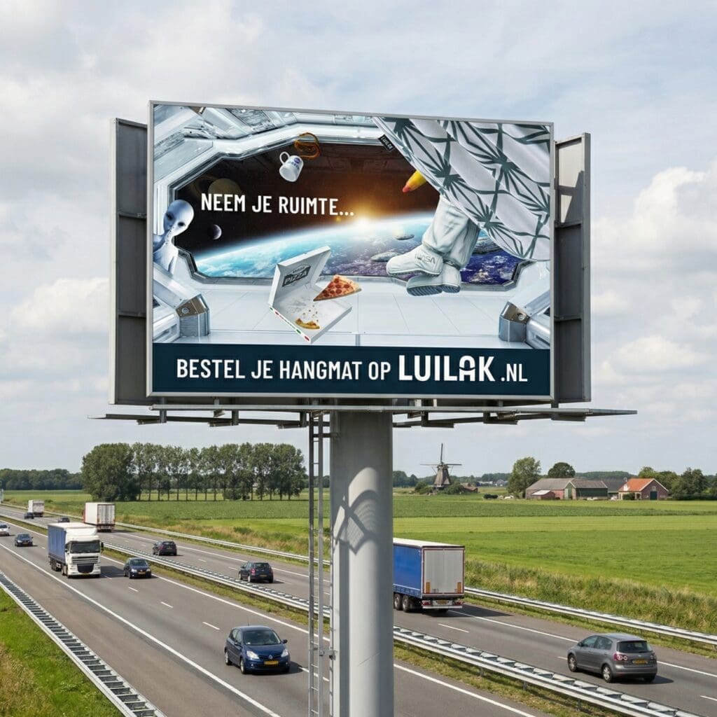 Groot reclamebord van Luilak langs de snelweg met afbeelding van een hangmat en de tekst “Neem je ruimte”.