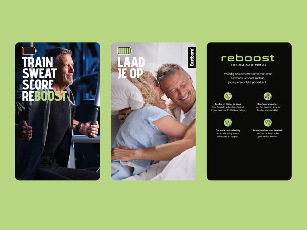 Drie Reboost social media visuals met sportende vrouw, slapende man en informatieve tekst op groene achtergrond.