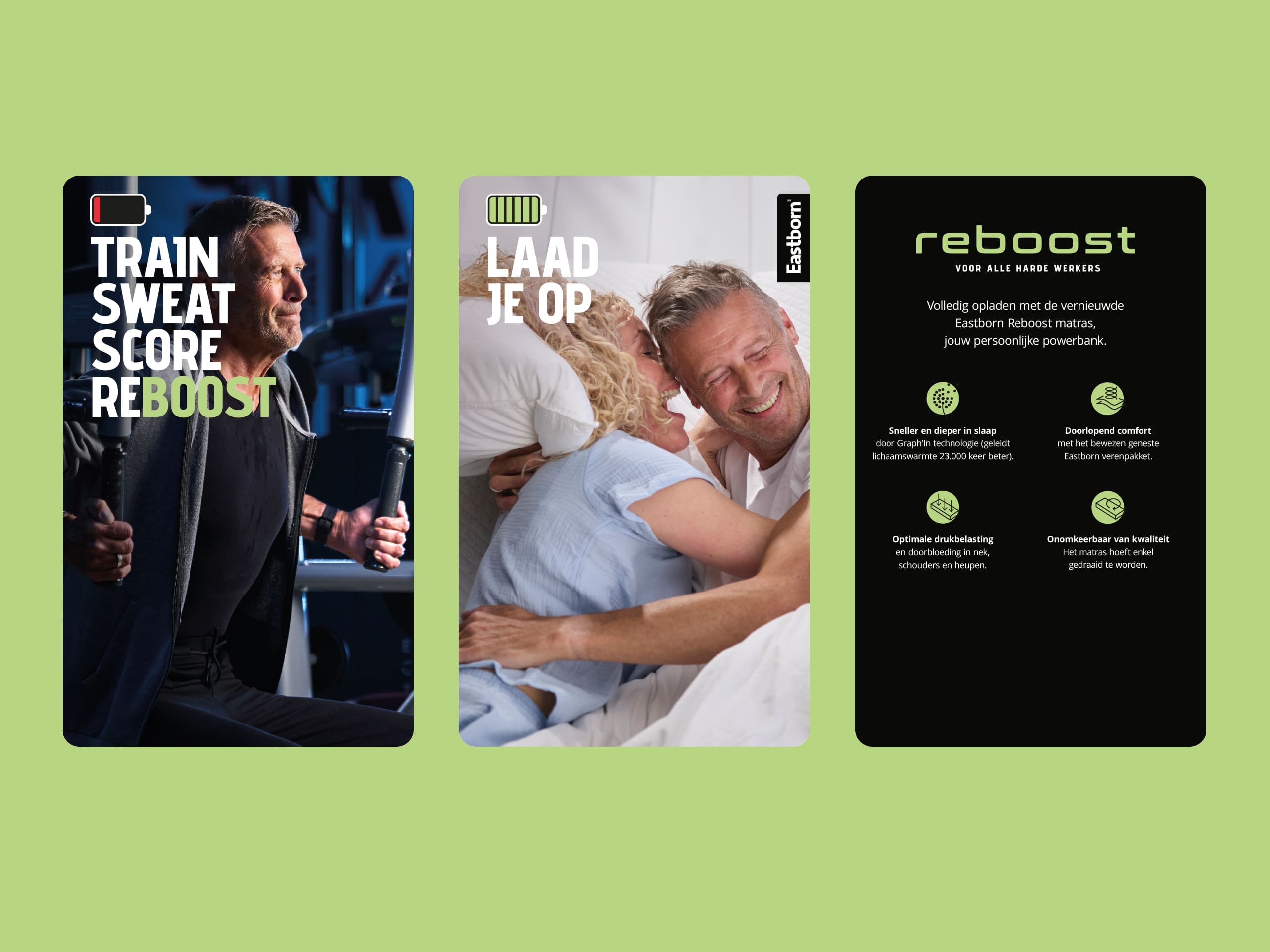 Drie Reboost social media visuals met sportende vrouw, slapende man en informatieve tekst op groene achtergrond.