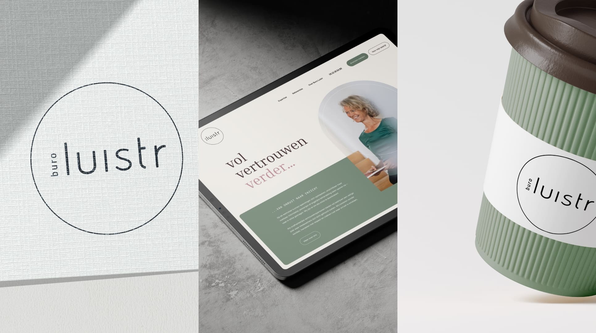 Buro Luistr logo op papier, smartphone met website en koffiebeker met merklabel.