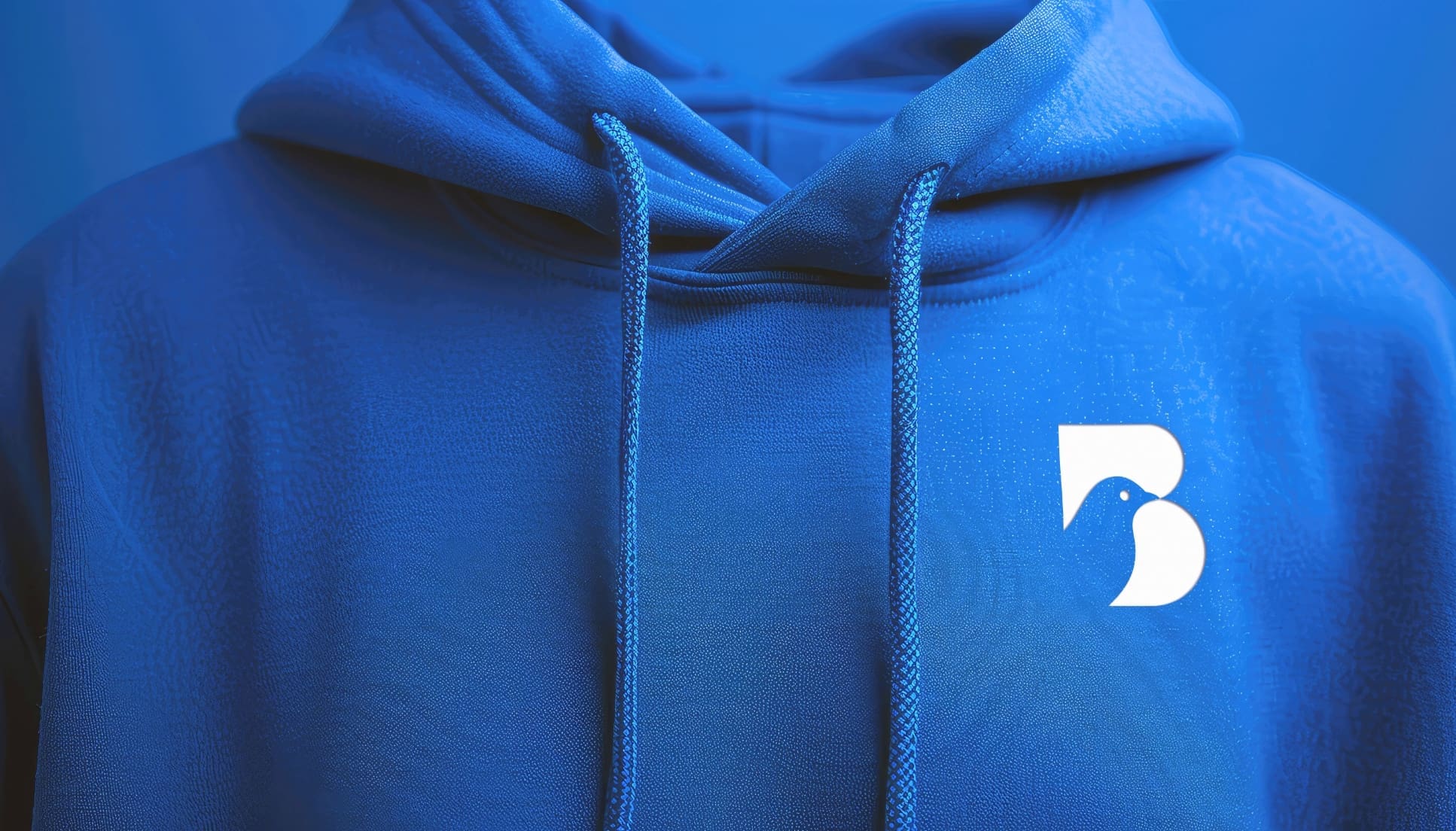 Persoon draagt een blauwe Bluebird hoodie met wit logo op de borst.