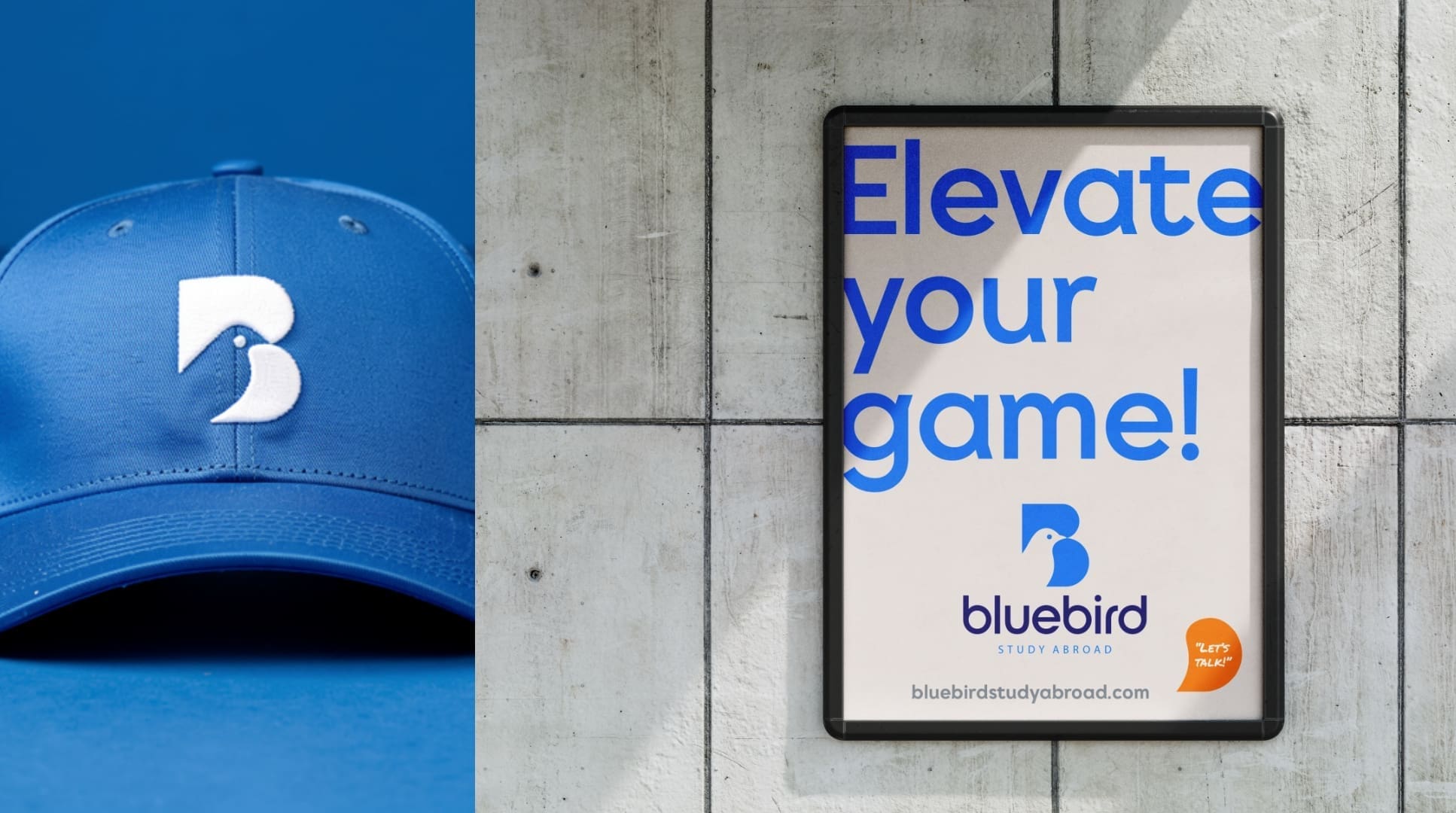 Blauwe pet en poster met Bluebird-logo en slogan “Elevate your game!” tegen een betonnen muur.