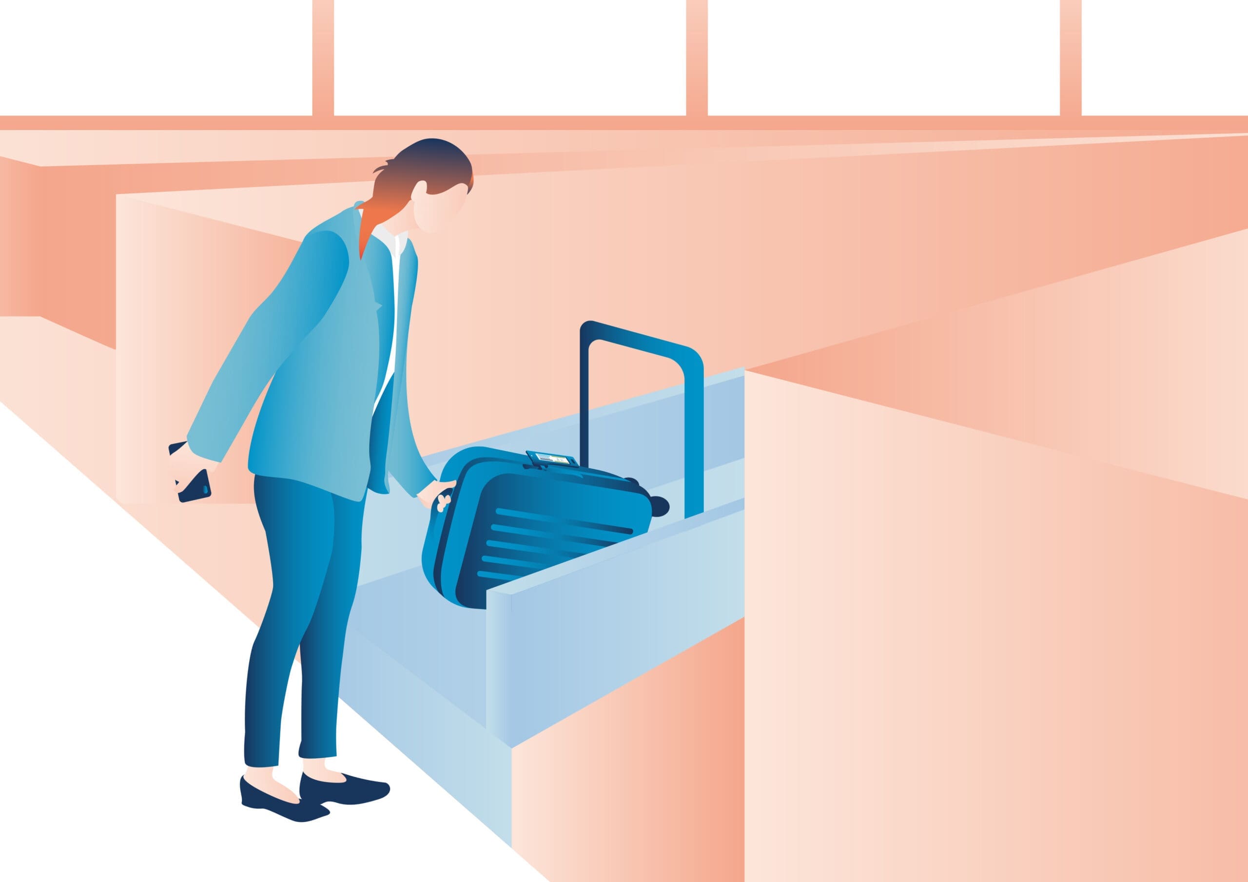 Illustratie van reiziger die een koffer op een bagageband plaatst.