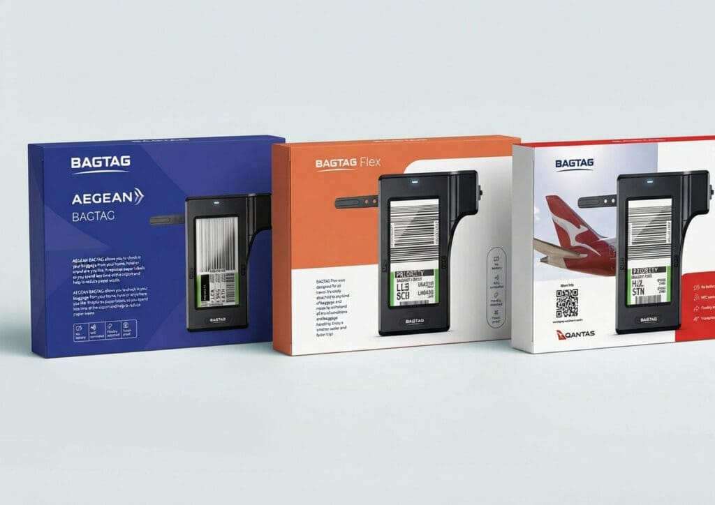 Verpakking van BAGTAG met digitaal bagagelabel voor koffers.