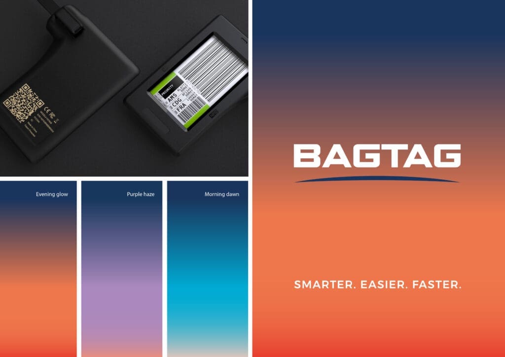 Overzicht van Bagtag product met QR-label en verschillende kleurontwerpen.