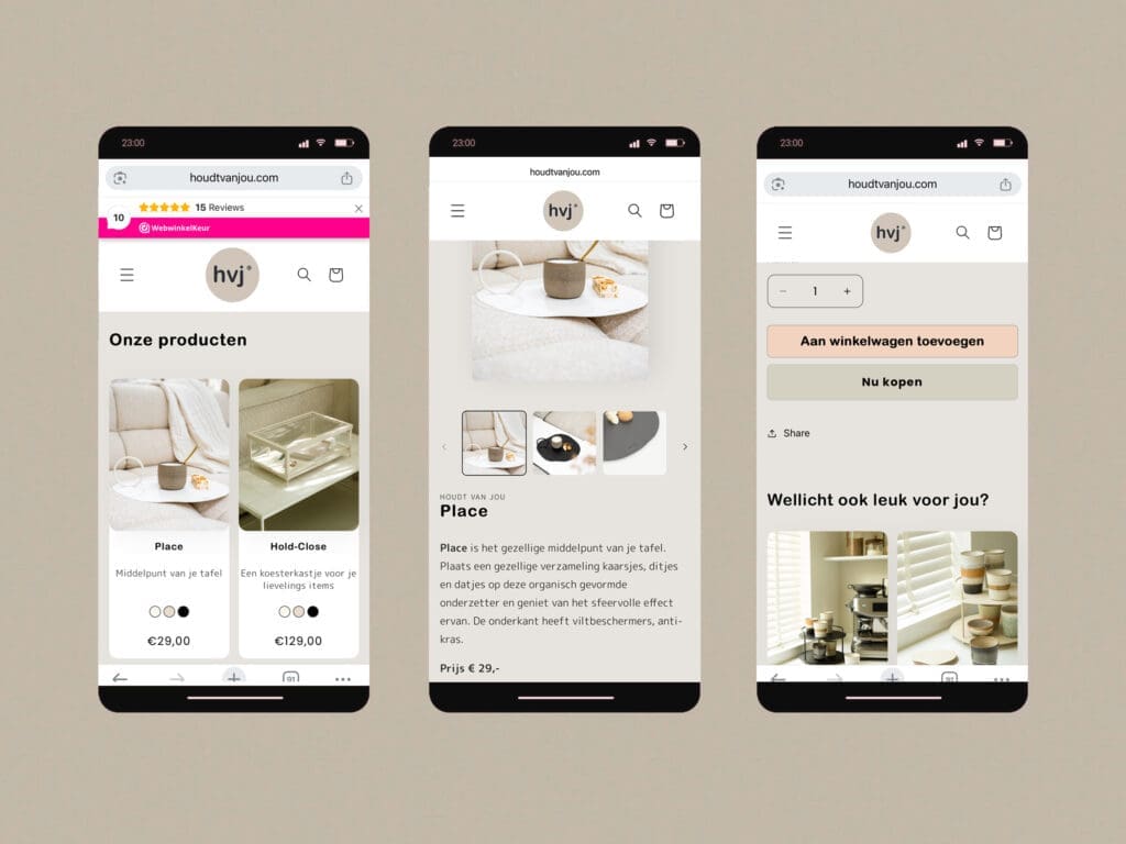 Drie smartphone schermen tonen een webshop met productoverzicht, productpagina en winkelwagen.