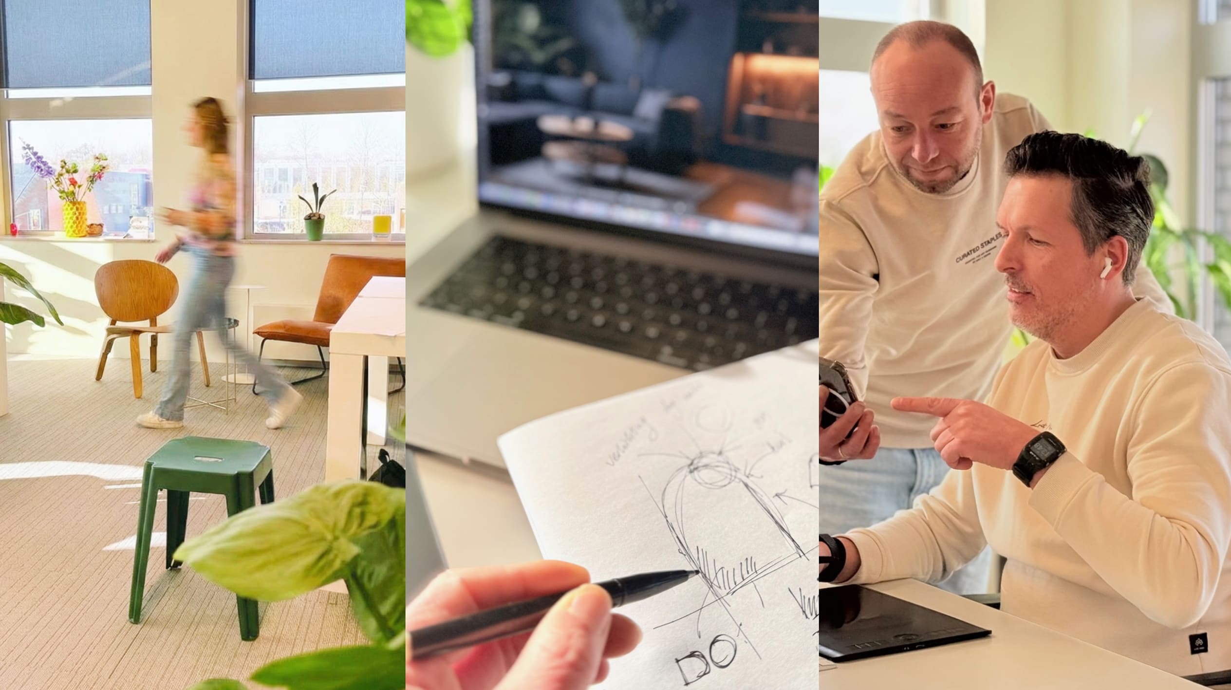 Drie afbeeldingen van Loeks met kantoorruimte, ontwerpschets op bureau en teamoverleg.