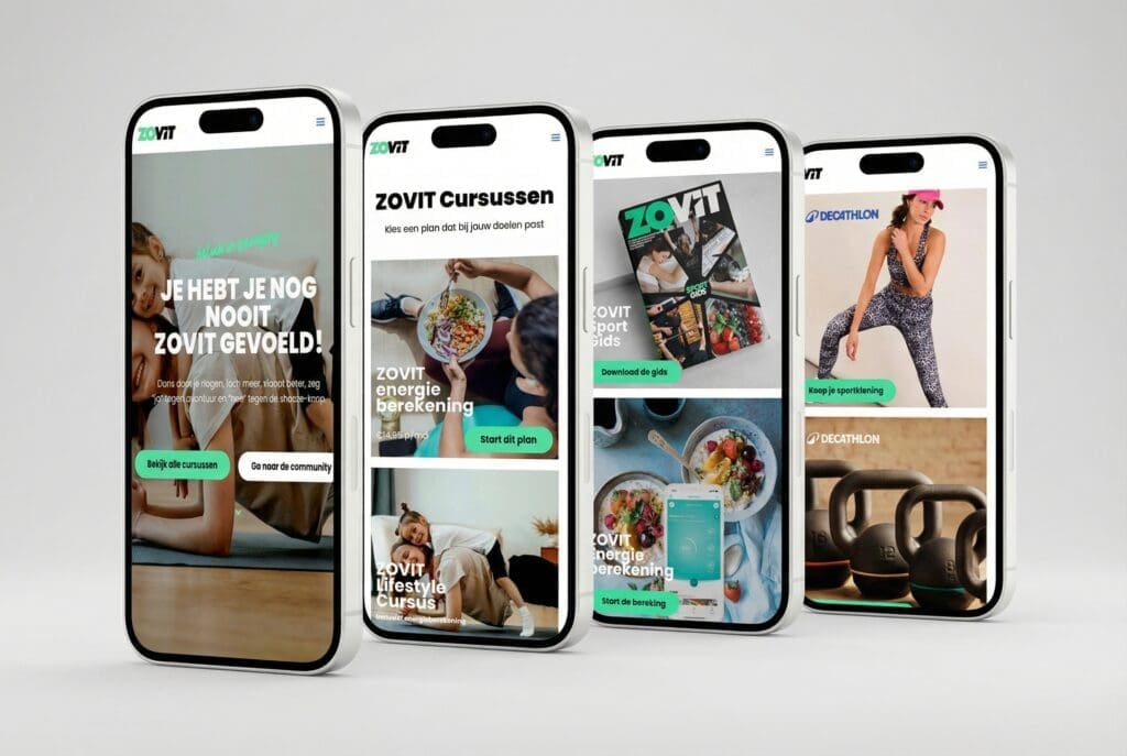 Smartphones met de Zovit app waarop verschillende online cursussen worden weergegeven.