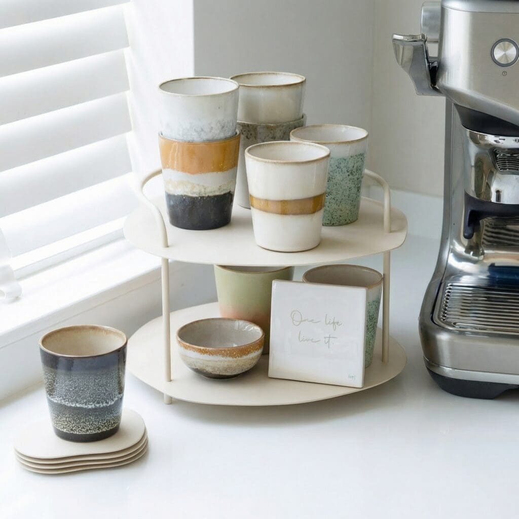 Servies van HVJ met mokken en schaaltjes op een klein rek naast een koffiemachine.