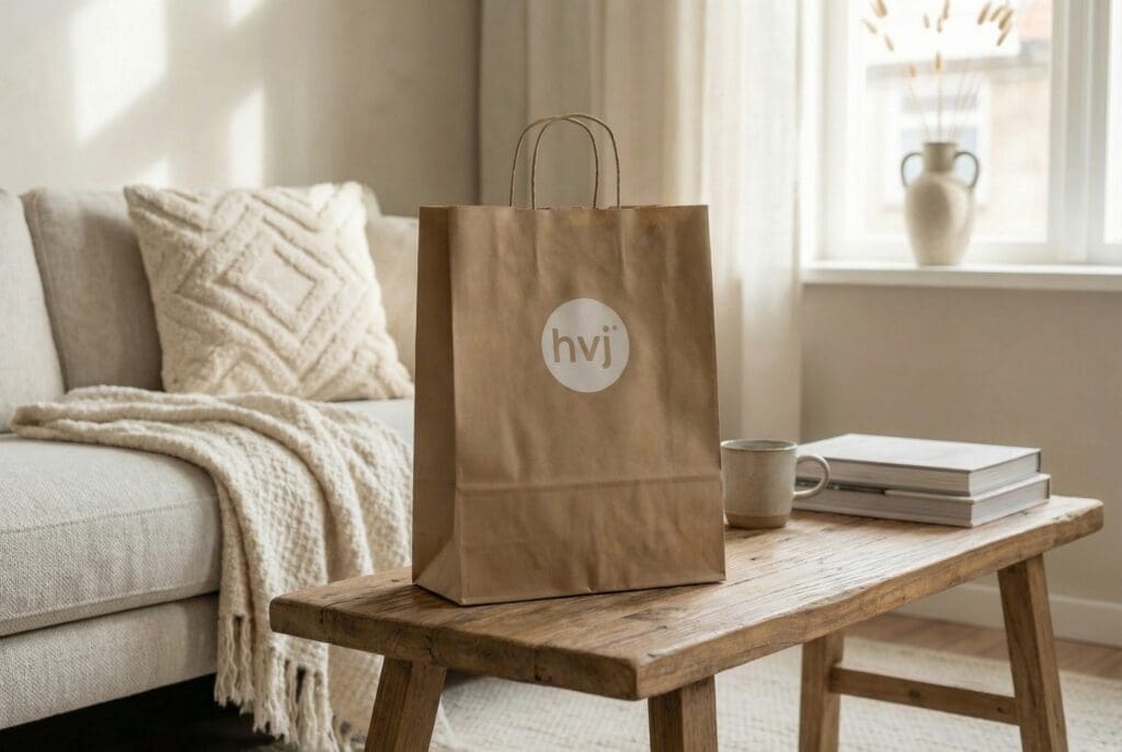HVJ papieren shoppingtas op houten salontafel in lichte woonkamer met bank en woonaccessoires.