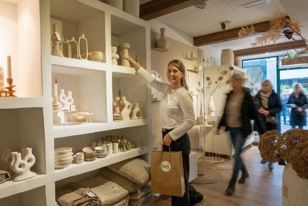 Eigenaresse van HVJ staat in stijlvolle interieurwinkel met planken vol keramiek en woonaccessoires.