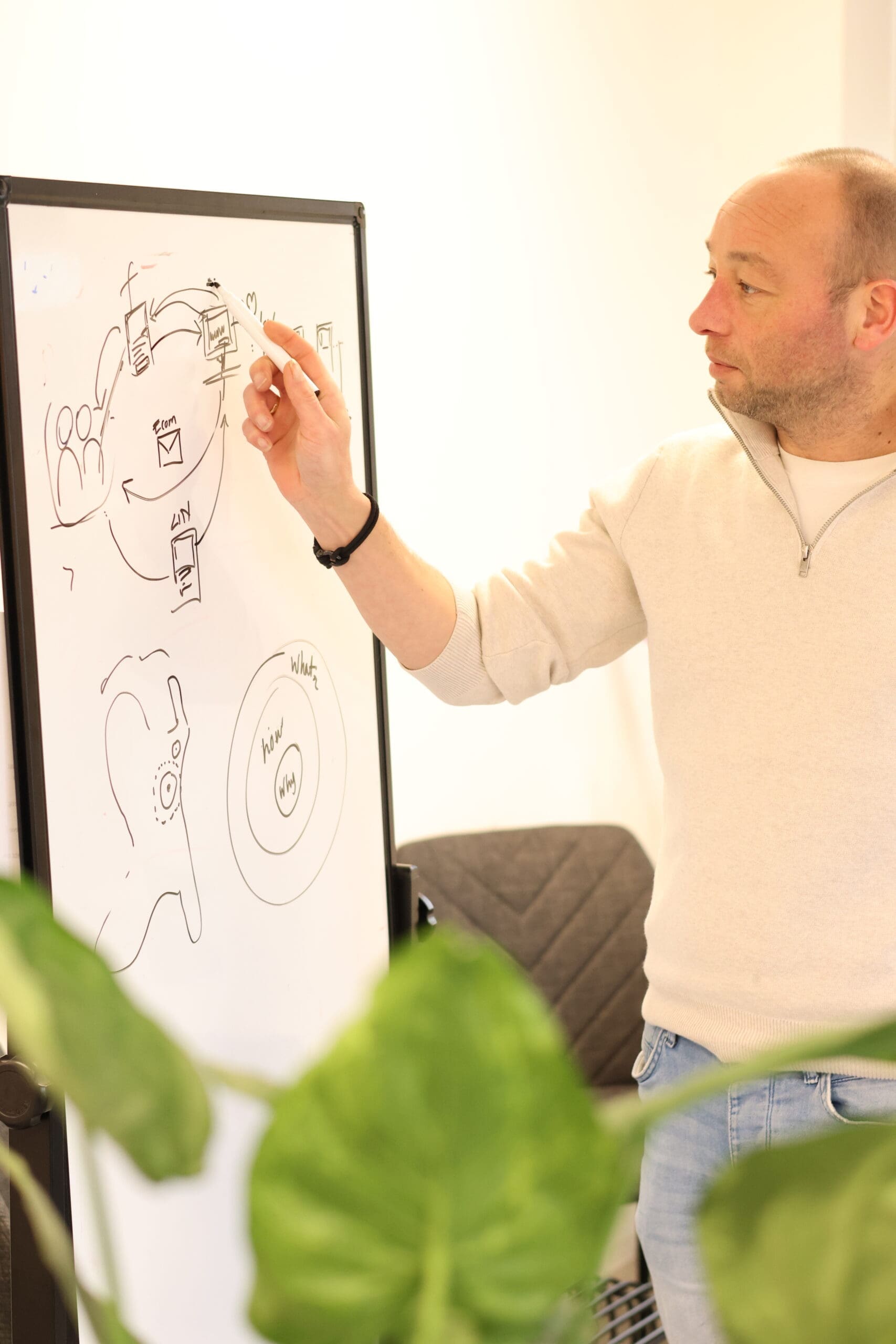 Eigenaar van Loeks wijst naar schetsen op een whiteboard tijdens een uitleg in een kantoorruimte met planten op de voorgrond.